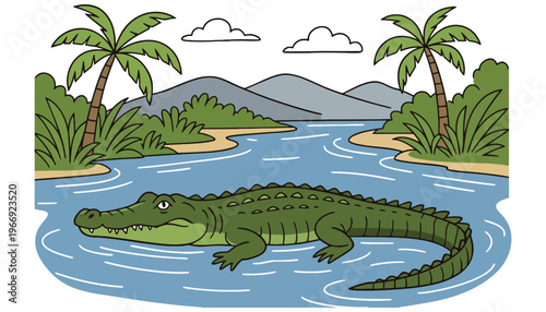 A cartoon crocodile swims in a tropical river with palm trees