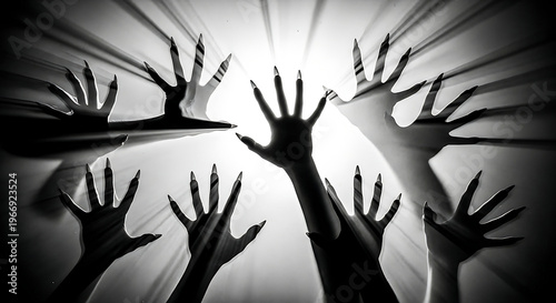 A group of hands reaching up towards the light