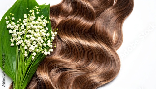 Natural beauty concept with lily of the valley flowers and healthy brown hair.