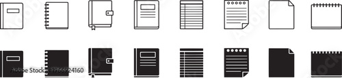 notebook and diary document icon set, minimal outline paper symbols