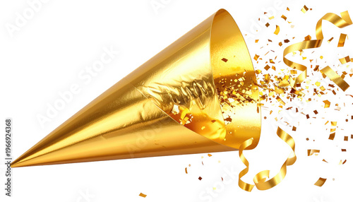 Golden party horn spews glitter and streamers on a black background
