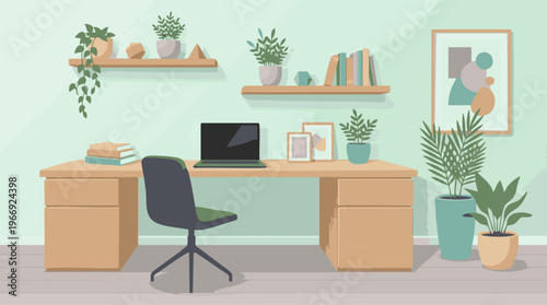 Stylish home office with desk, laptop, books, and various potted plants