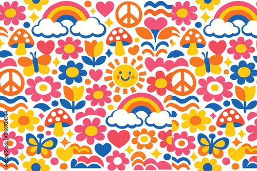 groovy pattern, retro hippie vector, seamless 70s background, peace sign floral design, colorful vintage pattern, psychedelic flowers rainbow, funky shapes pattern, retro wallpaper design, boho seamle