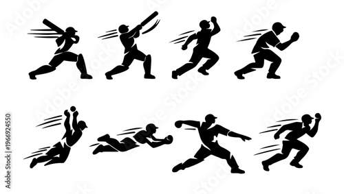 Dynamic Cricket Player Silhouette Icons Set