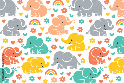 elephant pattern, baby elephant vector, seamless nursery pattern, cute animal background, colorful elephant design, kids jungle pattern, cartoon elephant illustration, rainbow nursery theme, playful a