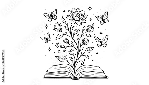 A flower grows out of an open book with butterflies and stars