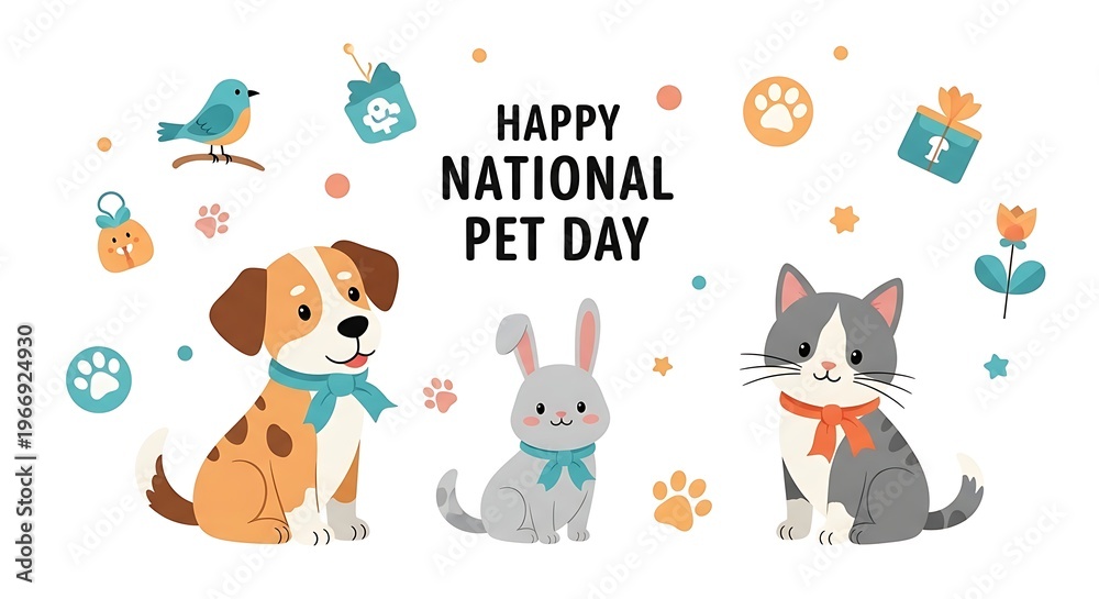 Fototapeta premium Happy national pet day illustration with cute dog, cat, and rabbit