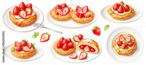 白い皿に盛り付けしたいちごデニッシュのイラストセット｜苺スイーツ・パン・カフェデザート素材 食事シーン