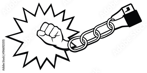 Clenched fist punching through a starburst with a chained wrist 1