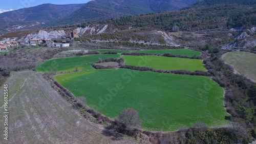 Aerial view from a drone of the area surrounding the village of Satué in the Alto Gállego region of the Province of Huesca, Autonomous Community of Aragon, Spain, Europe