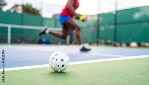 Pickleball rests on court with player in motion background.