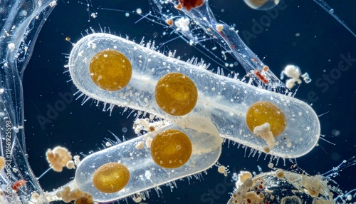 Microscopic view of translucent rod-shaped microorganisms with internal orange spheres.