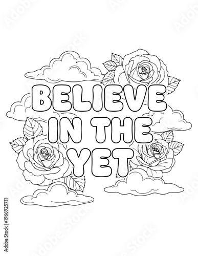 Adult coloring page with positive affirmations and floral design, isolated on transparent background