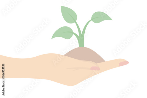 Human palm and sprout. A European hand holds a handful of soil and a sprout with three green leaves growing from it. Color vector illustration. Isolated on white background. Flat style. 