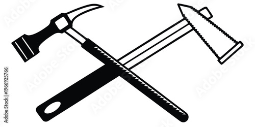 Crossed claw hammer and hacksaw black and white tools