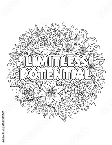 Adult coloring page with affirmations for limitless potential surrounded by floral elements isolated on transparent background