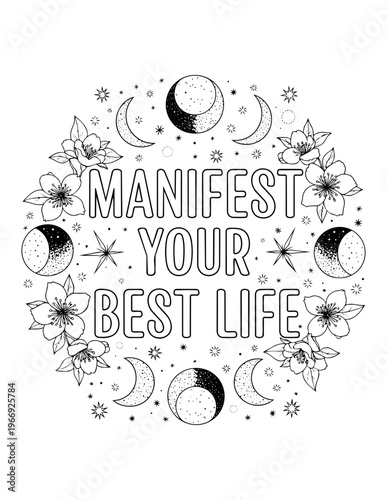 Adult coloring page with affirmations for manifesting your best life isolated on transparent background