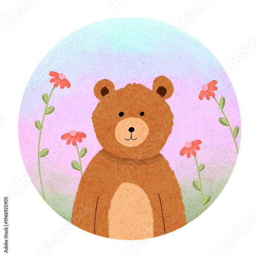 bear with flower in round frame on transparent background