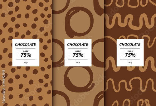 Abstract seamless pattern background design for dark chocolate bar packaging. Set of three brown wrappers with hand drawn dots, circles, and wavy lines. Modern sweet food product presentation mockup.