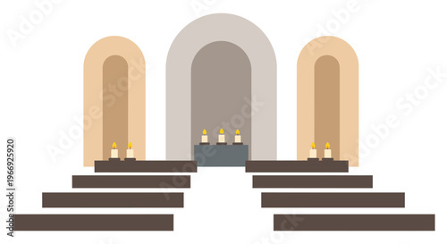 Elegant Vector Illustration of a Sacred Space Featuring Lit Candles, Arches, and Steps for Contemplation and Worship, symbolizing peace and spiritual reflection