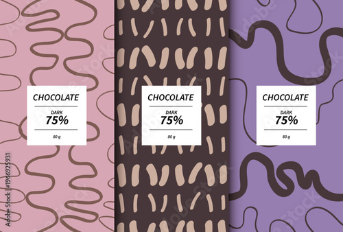 Creative pastel color dark chocolate packaging template mockup. Set of three trendy wrapper designs featuring abstract seamless patterns with pink waves, brown sprinkles, and purple curvy line shapes.