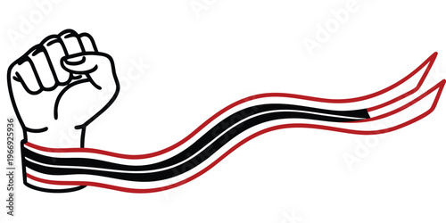 Clenched fist raised with a flowing red and black striped ribbon on white background