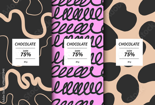 Trendy dark chocolate bar packaging mockup set. Three creative wrapper templates with abstract seamless backgrounds featuring elegant waves, pink scribble loops, and black organic shapes vector.