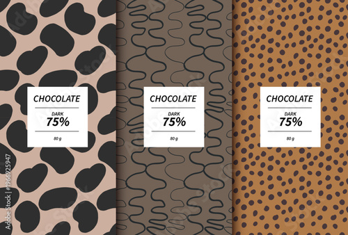 Earthy tone dark chocolate packaging wrapper design template. Set of three mockups featuring abstract seamless patterns with organic blob shapes, intersecting wavy lines, and small irregular black.