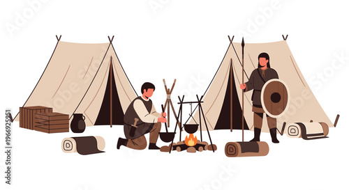 Medieval adventurers setting up camp and preparing food by a warm campfire under the watchful eye of a guardian warrior with spear and shield
