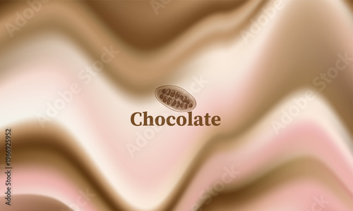 Abstract melted chocolate fluid gradient background with soft pink cream waves. Elegant sweet dessert brand packaging design template featuring a cocoa bean icon and typography. Vector illustration.