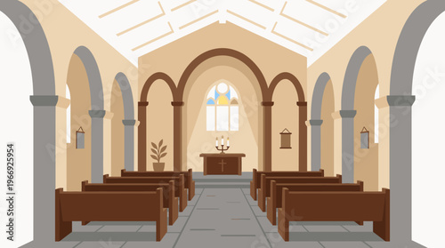 Empty Church Interior Illustration with Traditional Wooden Pews, Arched Ceilings, and a Vibrant Stained Glass Window, Evoking a Sense of Peace and Spiritual Contemplation within a Sacred Worship Space