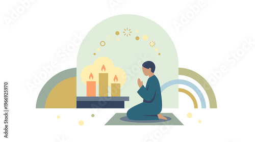 Serene illustration of a person engaging in peaceful prayer or mindful meditation surrounded by calming candlelight, fostering spiritual reflection and inner tranquility