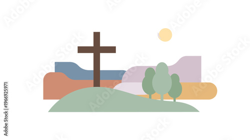 Abstract landscape illustration of a solitary cross on a tranquil hill, framed by stylized mountains and a serene sun, representing enduring faith, hope, and spiritual peace