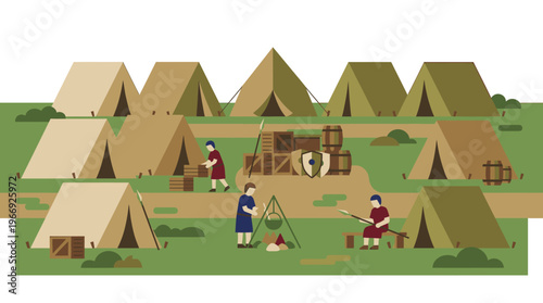 Vibrant illustration capturing the organized daily life of ancient Roman soldiers in a detailed military camp, featuring tents, equipment, and a communal cooking fire under a clear sky