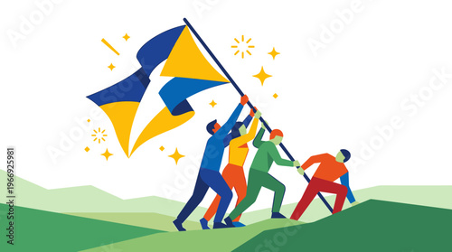 Diverse team raises blue and yellow flag on a green hill, symbolizing unity, national spirit, collective triumph, and the pursuit of a better future