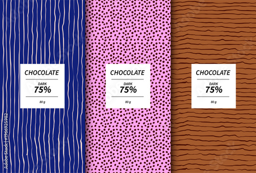 Set of vector dark chocolate bar packaging design templates featuring seamless hand-drawn abstract doodle patterns, stripes, polka dots, and plaid. Sweet cocoa product wrapping wrapper mockup.