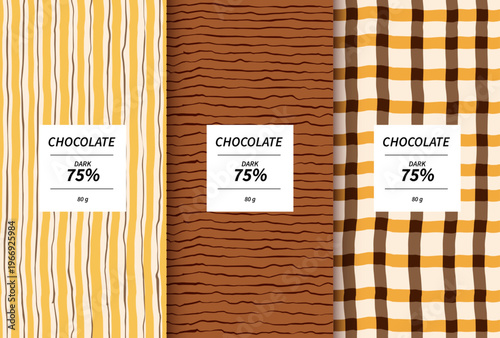 Vector set of dark chocolate bar packaging templates with abstract hand drawn seamless patterns. Wavy lines, stripes, and plaid backgrounds. Mockup wrapper design for cocoa products, 75 percent cacao.