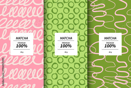 Premium matcha green tea packaging design templates with abstract hand-drawn doodle patterns. Set of product labels with pink and green seamless backgrounds for cosmetic, food or drink branding.