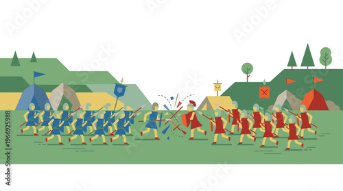 Vibrant flat illustration depicting a stylized historical battle scene, with two distinct armies in blue and red engaged in ancient combat, emphasizing strategic conflict and courageous action