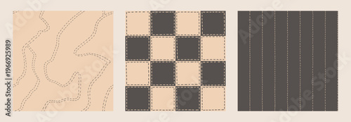 Bild auf Leinwand Stitched Line Art Craft Seamless Pattern Set