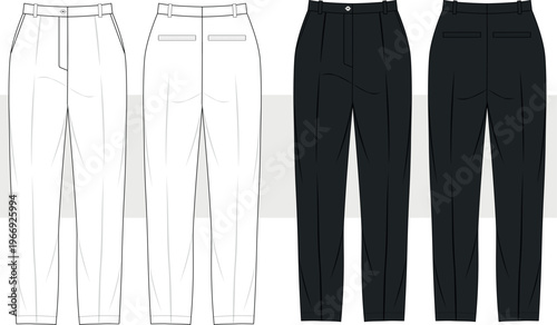 Mens casual and corporate wear pants fashion technical drawing, illustration. Front and back view, Trousers flat sketch, vector. Cad, Mockup.  