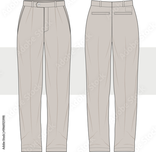 Mens casual and corporate wear bottoms and pants fashion technical drawing, illustration. Front and back view, Trousers flat sketch, vector. Cad, Mockup.  