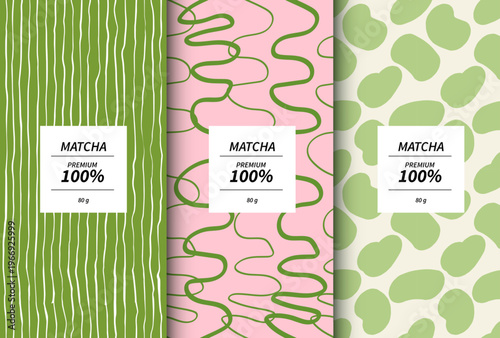 Premium matcha green tea packaging design templates with abstract hand-drawn doodle patterns. Set of product labels with pink and green seamless backgrounds for cosmetic, food or drink branding.