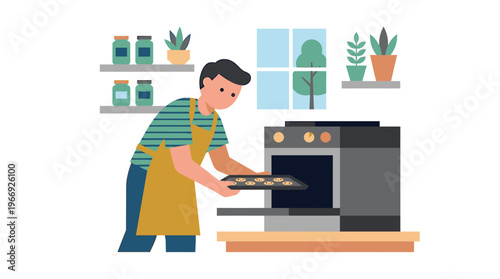Illustration of a man diligently baking fresh cookies in a home kitchen, carefully placing the tray into a warm oven, a scene of culinary comfort and delicious homemade treats