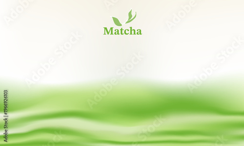 Matcha green tea abstract vector background with soft fluid wavy gradient texture and leaf icon. Minimalist creamy milk mix illustration for organic drink packaging, healthy cafe menu or poster.