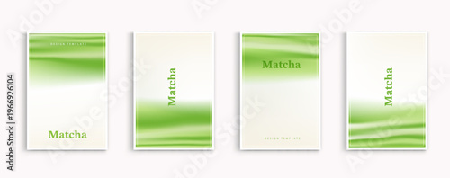 Matcha green tea vector design template set with blurred soft green gradient background and hand drawn line art icons. Minimalist cover illustration for cafe menu, drink packaging, poster and flyer.