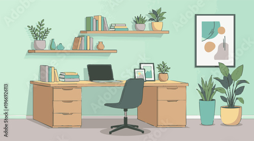 Minimalist home office with wooden desk, laptop, books, shelves, and plants