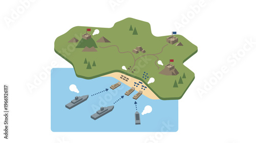 Dynamic overhead view of a conceptual military amphibious assault operation, showcasing strategic land and sea forces engaged in a simulated battle scenario with island objectives