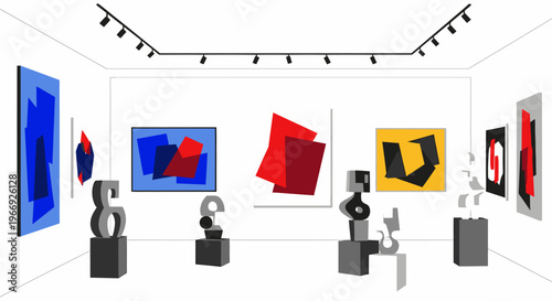 A modern art gallery showcasing a vibrant collection of abstract geometric paintings and sculptures under focused lighting, creating an immersive visual experience