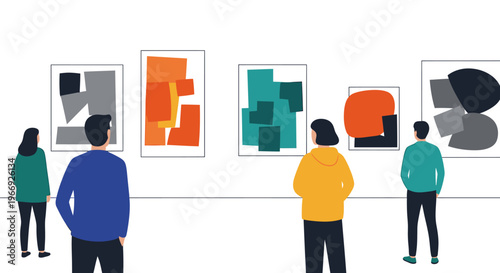 Visitors immersed in the vibrant world of abstract art, exploring contemporary paintings within a sleek gallery space, celebrating creativity and culture